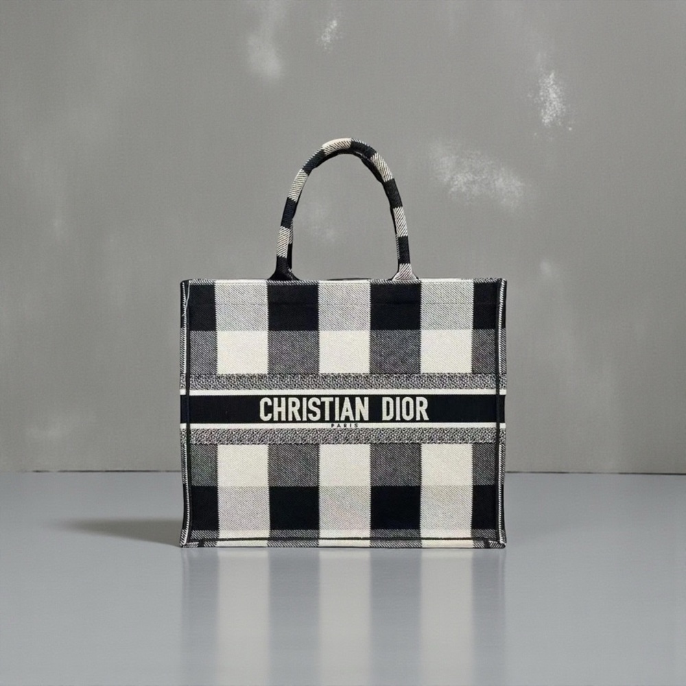 Christian Dior Book Tote Large – Black/White Check Top Handle Bag